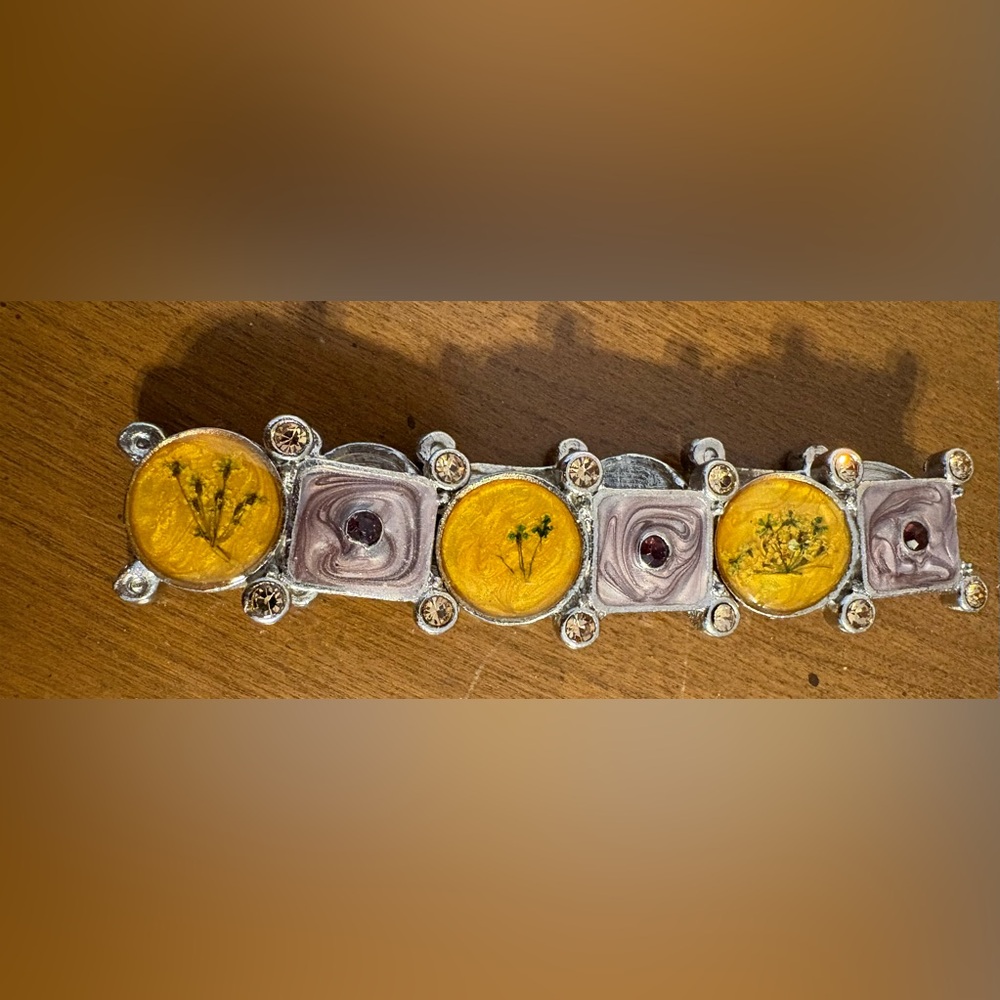 Silver tone and Floral Yellow and Purple Artistic Bracelet